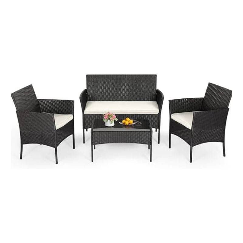 4-Piece Black Outdoor Wicker Patio Set with Coffee Table