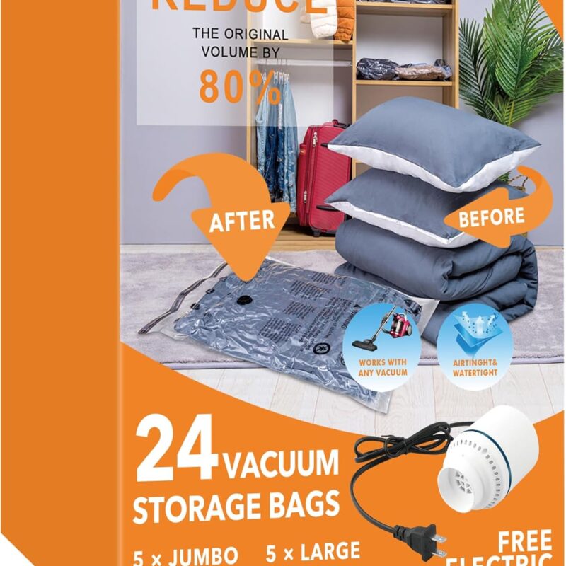 GONGSHI 24 pack vacuum storage bags with electric pump, airtight and waterproof space saver bags for clothes, bedding, and travel