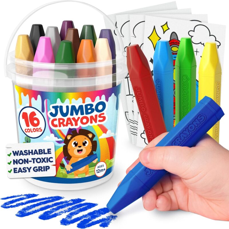Jumbo Crayons for Toddlers – 16-Pack Non-Toxic Washable Coloring Set with Bonus Sheets
