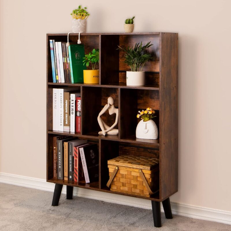 LEYAOYAO 3-Tier Cube Bookshelf – rustic brown mid-century modern shelf with wooden legs for books & décor.