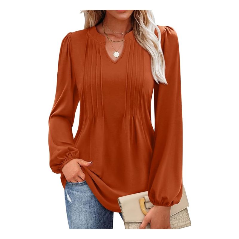 MIHOLL Womens V-Neck Puff Sleeve Pleated Tunic Blouse