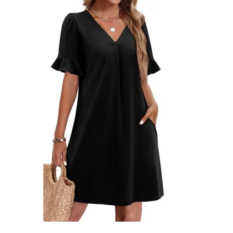 OFEEFAN Black Summer Beach Dress with Pockets - Women's L,