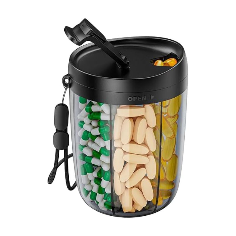 PULIV 6-Compartment Pill Organizer Wide Opening, 20 Labels