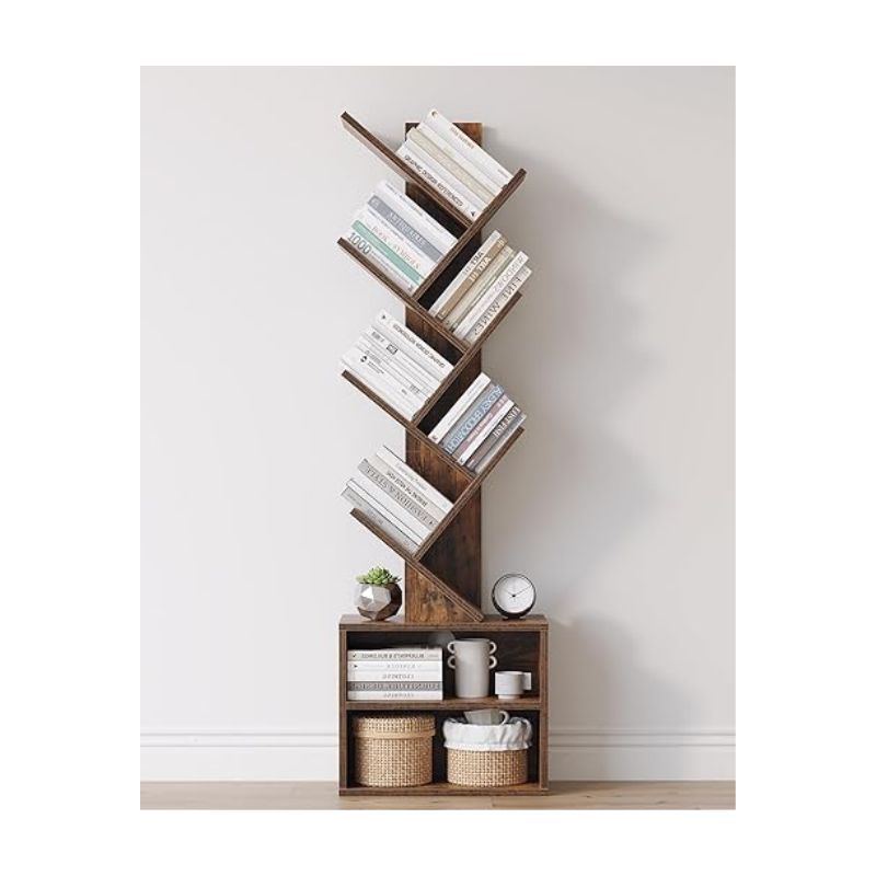 SUNMORY 6-Tier Tree Bookshelf with Cabinet - Rustic Brown