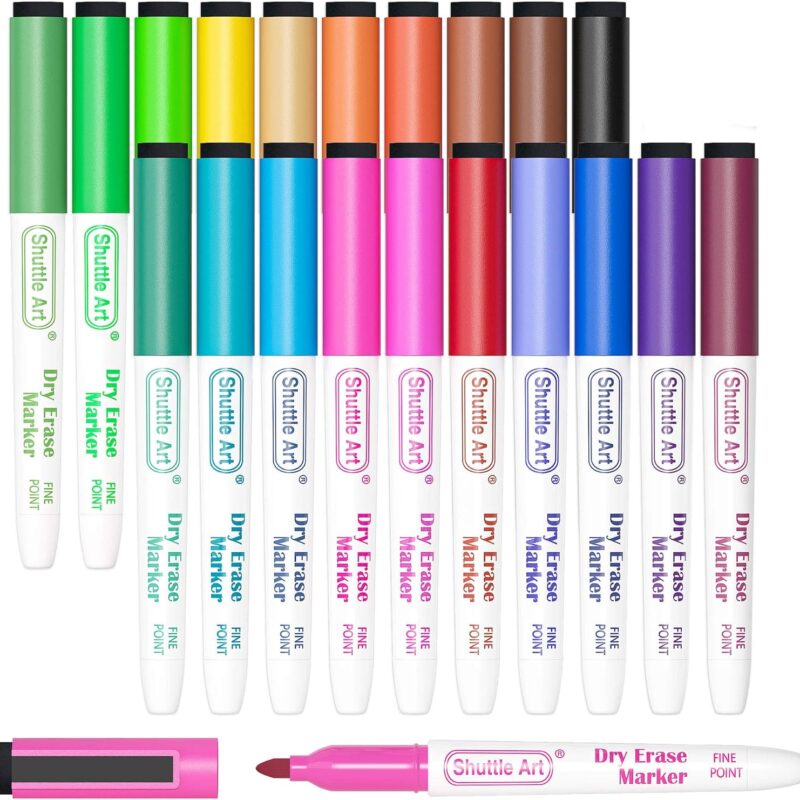 Set of 20 Magnetic Whiteboard Markers with Fine Tip and Built-in Erasers – Shuttle Art Dry Erase Markers for Office, School, and Home