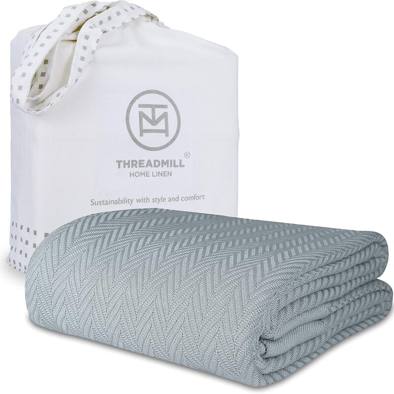 Threadmill 100% Cotton Queen Size Blanket in Scottish Grey with Herringbone Weave – All-Season, Breathable, Now 44% Off