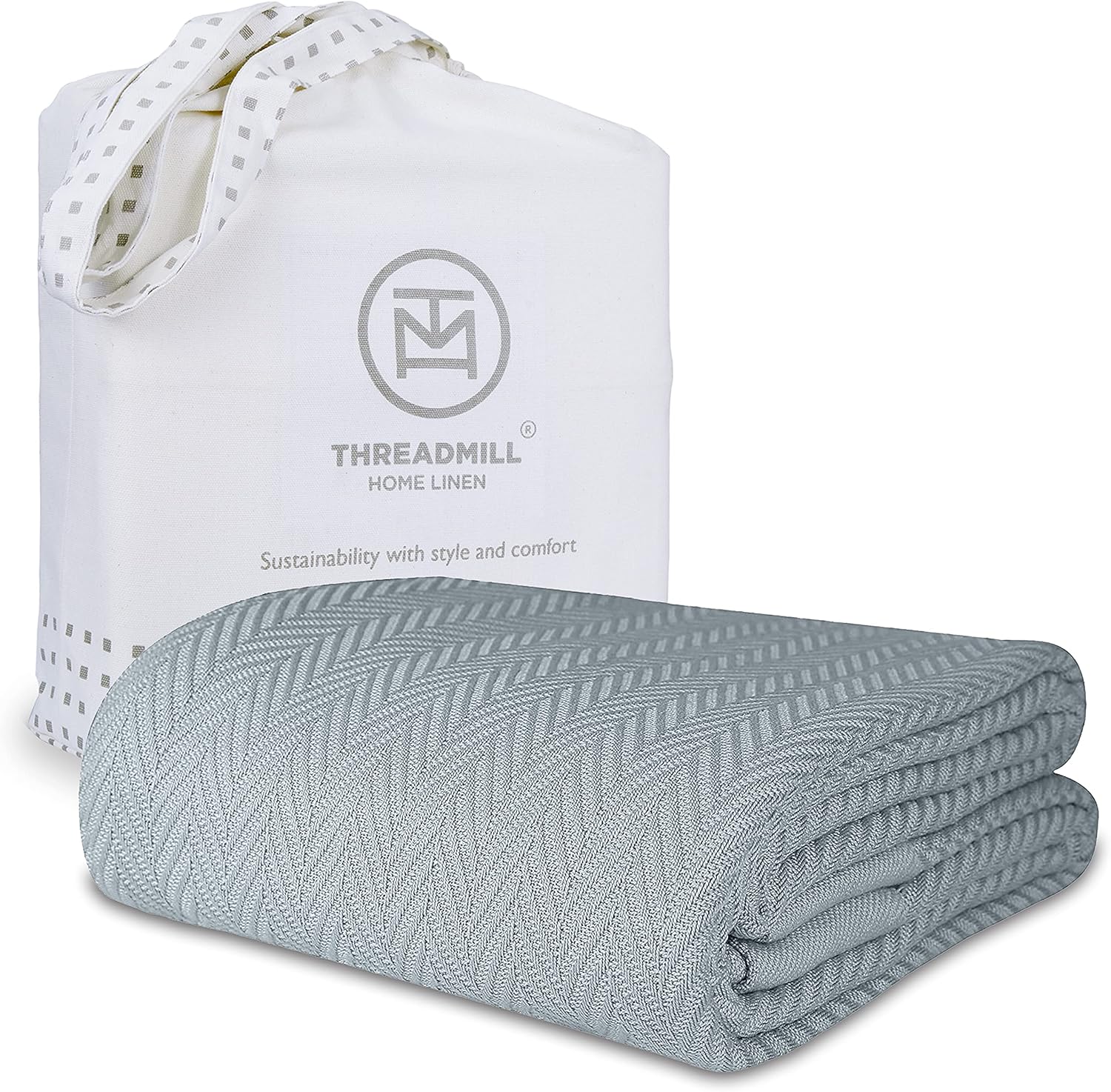 Threadmill 100% Cotton Queen Size Blanket in Scottish Grey with Herringbone Weave – All-Season, Breathable, Now 44% Off