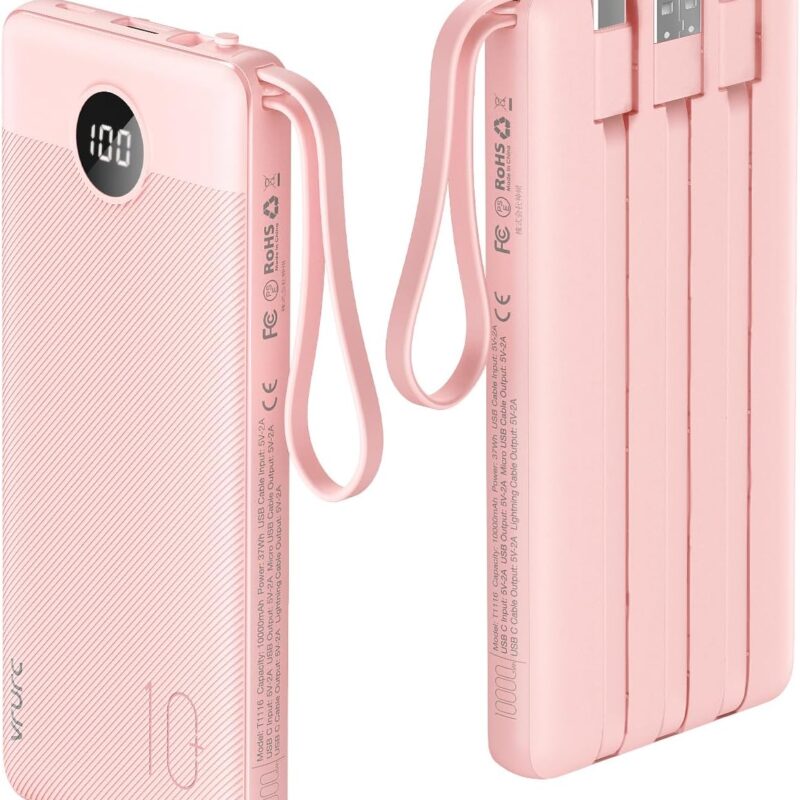 VRURC 10000mAh Portable Charger in Pink with Built-in Cables – Now 37% Off