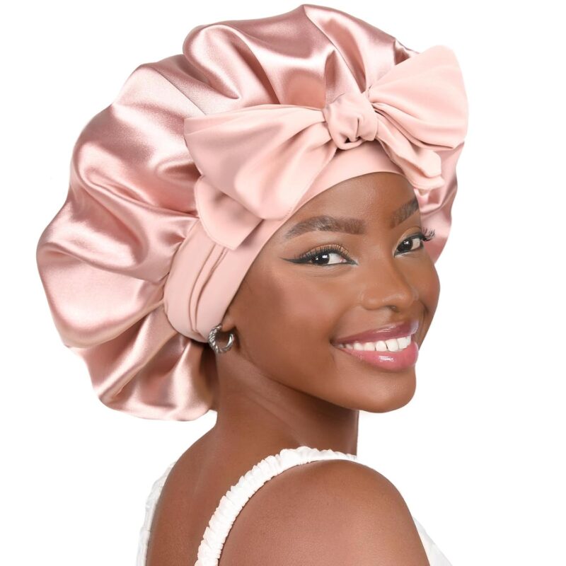 YANIBEST silk bonnet for sleeping with double-layer satin lining and tie band – blush pink sleep cap for curly hair.