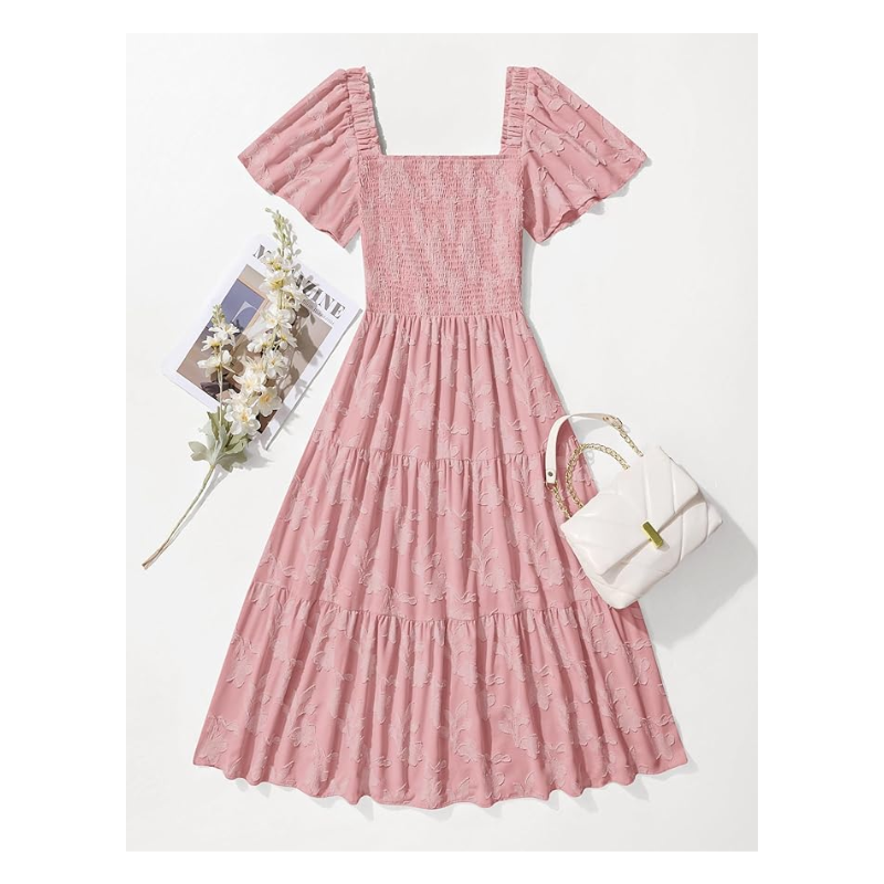 ZESICA Women‘s Summer Boho Floral Midi Dress 2025 Casual Short Sleeve Square Neck Flowy Beach Vacation Long Dress