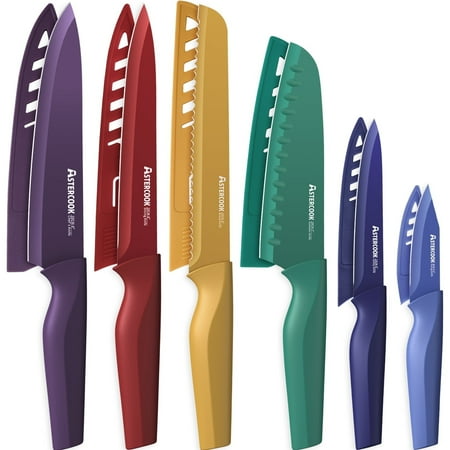 Astercook 6 Piece Color-Coded Kitchen Knife Set, Stainless Steel Chef Knives with 6 Anti-Rust Coating Blades and Blade Guards, Dishwasher Safe