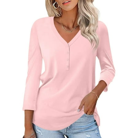 Casual V Neck 3/4 Sleeve Women Tops
