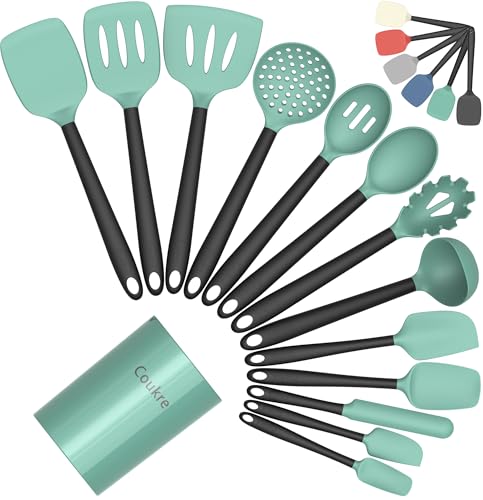 Coukre Silicone Kitchen Cooking Utensils Set with Holder – Heat-Resistant, Food-Grade Kitchen Tools, Spatula, Spoon & Gadgets for Non-Stick Pans, Dishwasher Safe (14, AquaGreen)