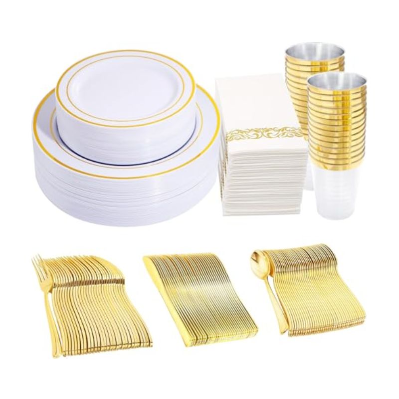 350 Pieces White and Gold Plastic Plates - 50 Guest Dinnerware Set Include 100 Plates, 50 Gold Plastic Silverware, 50 Paper Napkins and 50 Cups for Thanksgiving Party,Wedding
