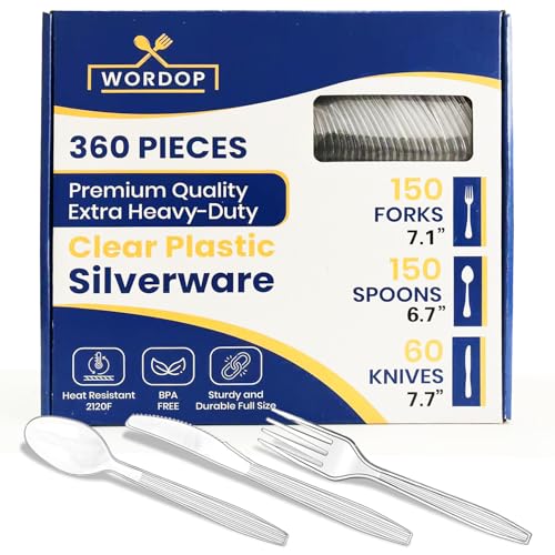 360 Count Extra Heavy Duty Plastic Silverware Set – Heat Resistant & BPA Free Disposable Silverware Cutlery 150 Forks, 150 Spoons, 60 Knives – Clear Premium Plastic Utensils for Parties & Events