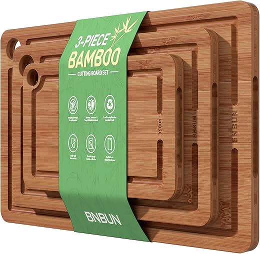 Bamboo Cutting Board for Kitchen, Wood Cutting Board 3 Piece Set with Non-Slip Mat Deep Juice Groove and Built-In Handles, Wooden Cutting Boards for Meat Vegetables Fruit for the Home
