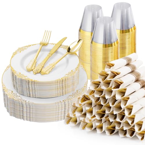 Bestluck 350PCS Gold Plastic Plates for 50 Guests, Disposable Dinnerware Sets Include 100 Gold Rim Plastic Plates, 50 Silverwares, 50 Cups, and 50 Pre Rolled Napkins for Party, Wedding, Graduation