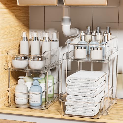 Delamu 2 Sets of 2-Tier Clear Under Sink Organizers and Storage, Multi-Purpose Stackable Bathroom Cabinet organizers, Pull Out Kitchen Pantry Organization and Storage with Dividers
