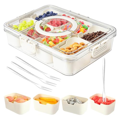 Dunruz Snackle Box Container,Portable Snack Box 8 Compartment Divided Serving Tray with Lid and Handle,Clear Storage Organizer for Fruit Candy Nuts Veggie-Perfect for Road Travel Party(1 Pack)