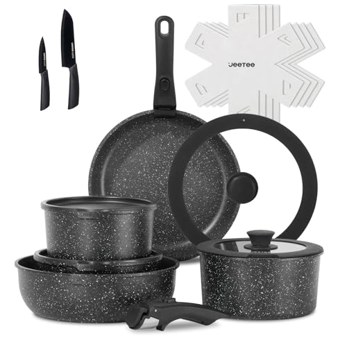 JEETEE Pots and Pans Set Non Stick 17pcs, Kitchen Cookware Sets with Detachable Handle, Induction Nonstick Cookware Set with Removable Handle, Stackable RV Cookware, Oven Safe, PFAS/PFOA Free, Black