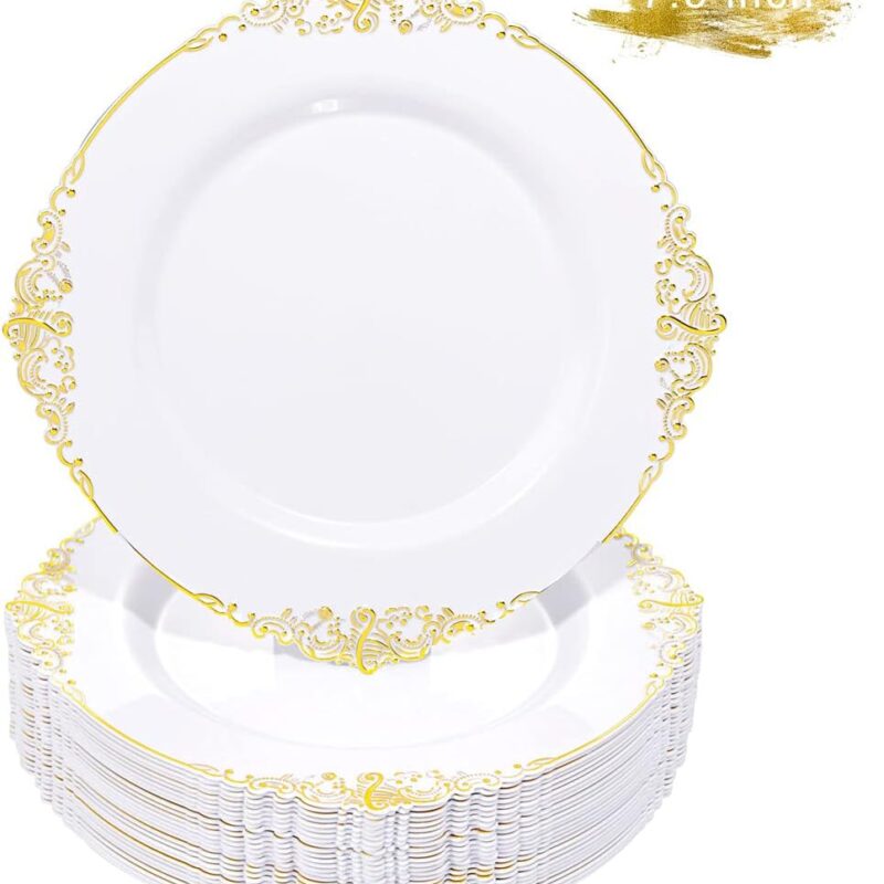 Liacere 50PCS Gold Plastic Plates - Disposable Dessert Plates - 7.5 Inch Gold and White Plates - Heavy Duty White and Gold Plastic Plates for Weddings & Parties & New Year & Fall Decor