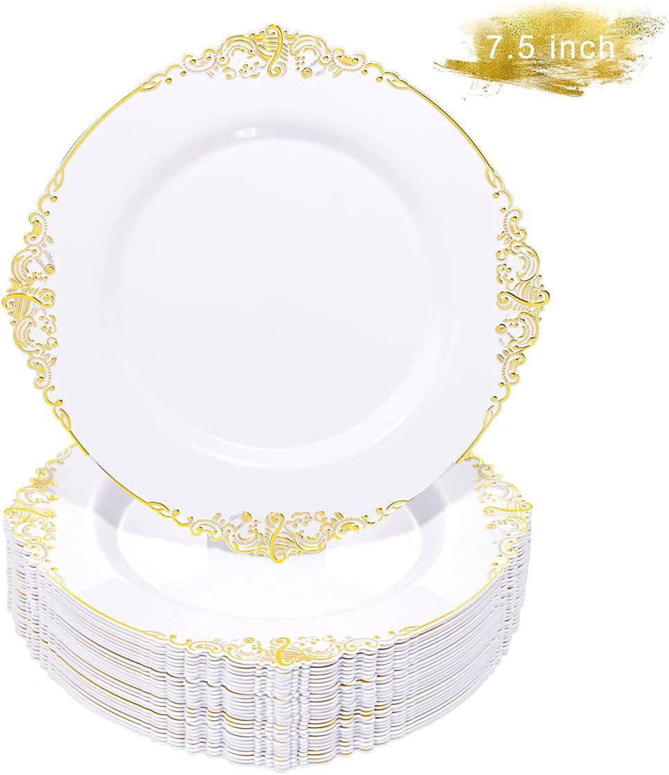 Liacere 50PCS Gold Plastic Plates - Disposable Dessert Plates - 7.5 Inch Gold and White Plates - Heavy Duty White and Gold Plastic Plates for Weddings & Parties & New Year & Fall Decor