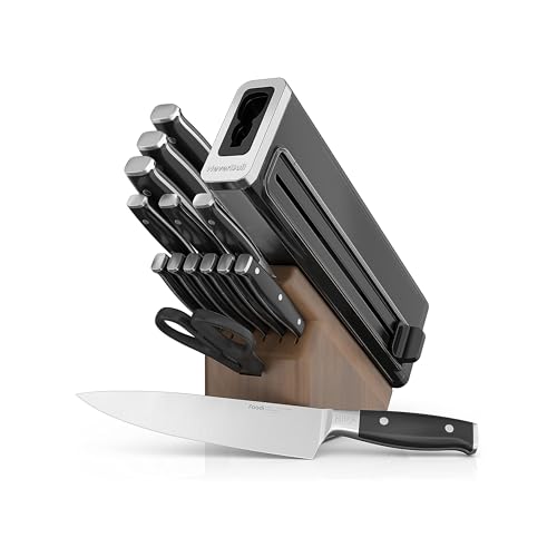 Ninja K52015 Foodi NeverDull 15 Piece Premium Knife System, Wood Series Block, German Stainless Steel, with Built-in Sharpener, Stainless Steel/Walnut