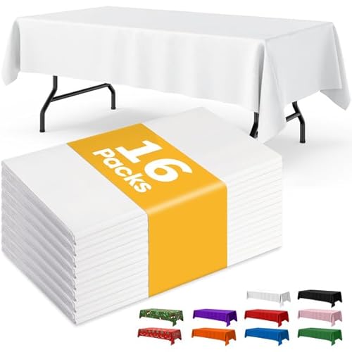 Niuara White Plastic Table Cloth - 16 Pack 54" × 108" Rectangle Disposable Tablecloths for 6FT Tables, Waterproof Table Cover for Party, Holiday & Gathering Use