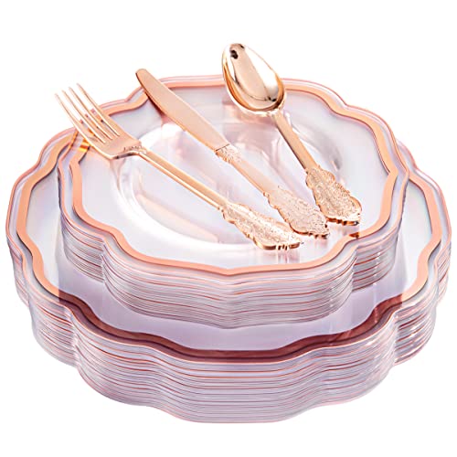 NOCCUR 150PCS Rose Gold Plastic Plates&Rose Gold Silverware-Include 30Dinner Plates, 30Salad plates, 90 Disposable Rose Gold Utensils- Ideal for Weddings, Party,Shower