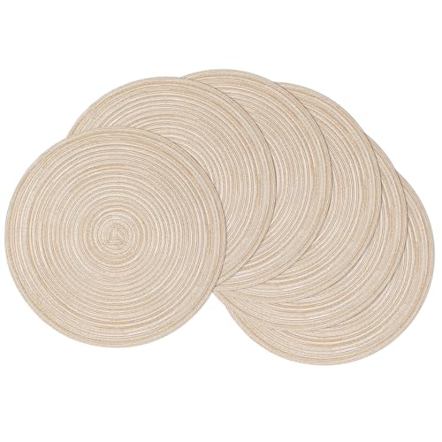 SHACOS 15 inch Round Braided Placemats Set of 6 Non Slip Heat Resistant Cotton Polyester Table Mats Washable Place Mats for Kitchen Dining Party Table Decor (Beige, 6)