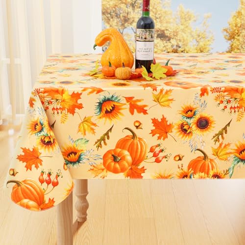 Smiry Fall Rectangle Table Cloth, Waterproof Vinyl Tablecloth with Flannel Backing, Wipeable Autumn Sunflower Plastic Tablecloths for Harvest and Thanksgiving Parties (60"x84", Gold)