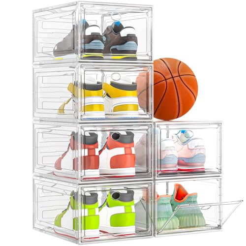Thicken & Sturdy Clear Shoe Storage Organizer with Magnetic Door, Stackable Boxes for Closet, Foldable Space-Saving Shoe Rack for Sneaker Boot Container, Plastic Shoe Cabinet Shoe Box 6 Pack, White