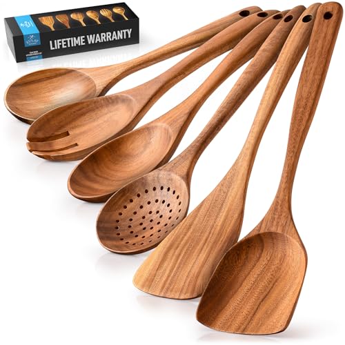 Zulay Kitchen 6-Piece Wooden Cooking Spoons Set – Heat-Resistant, Smooth Teak Utensils with Comfort Grip – Lightweight & Durable – Easy to Clean, Perfect for Non-Stick Cookware