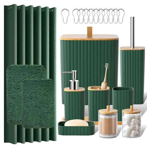 Z ZONAMA Bathroom Accessories Set - 24PCS Bathroom Set with Shower Curtain and Rugs, Trash Can, Toilet Brush Holder Set & Soap Dispenser – Stylish & Functional Bath Decor for Home, Apartment, Green