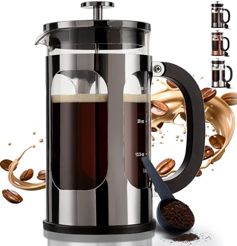 BAYKA French Press Coffee Maker, Large 304 Stainless Steel Coffee Press, Cold Brew Heat Resistant Thickened Borosilicate Coffee Pot for Camping Travel Gifts, 34 Ounce, Dark Pewter
