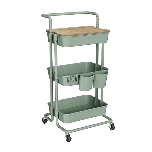 DTK 3 Tier Rolling Utility Cart with Cover Top Board, Movable Kitchen Storage Cart Trolley with Lockable Wheels, Cups, Hooks for Kitchen Bathroom Home Office Art Craft Storage(Turquoise/Green)