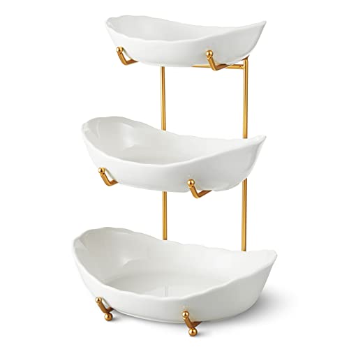 HOMKULA Ceramic Fruit Bowl for Kitchen Counter - 3 Tier Fruit Basket with Metal Stand, Tiered Fruit Stand for Countertop, Snack, Nuts, Cake, Dessert, Small & Cute (Gold)