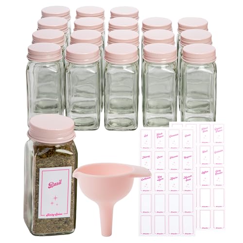 Paris Hilton Glass Spice Jar Storage Set, 4-Ounce Empty Spice Jars with Labels, Shaker Caps and Metal Lids, Collapsible Funnel Included, 20-Piece, Pink