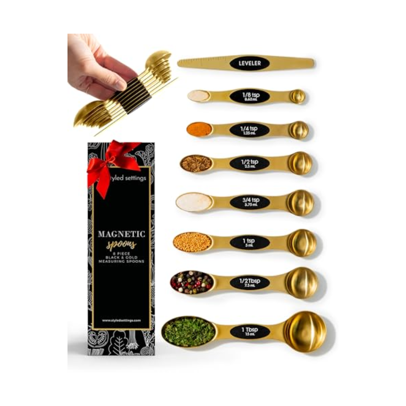 Magnetic Measuring Spoons Set – Stainless Steel Gold Measuring Spoons for Cooking and Baking – Cute and Durable Gold Kitchen Accessories - Great for Gifting