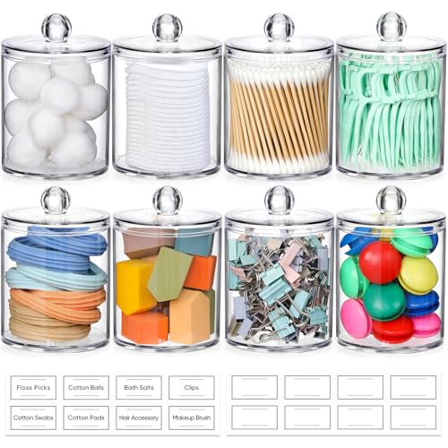 AOZITA 8 Pack Acrylic Qtip Holder Dispenser with Lids & Labels, Cotton Swab, Ball, Round Pads, Floss Picks Storage Canister - Clear Plastic Apothecary Jar for Bathroom Vanity Makeup Organizer