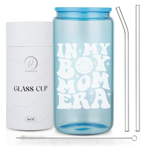 Gifts for New Mothers - In My Boy Mom Era Cup16oz Glass [Blue], Boy Mama Coffee Mug with Straw & Lid, Baby Shower & Mother's Day Present, Iced Coffee Glass for Women & Mom-to-Be