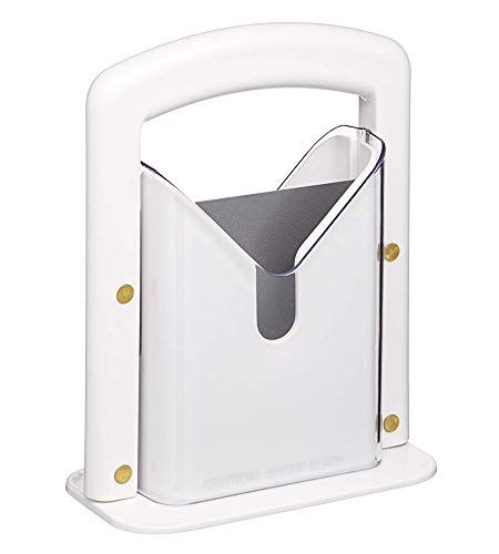 Hoan The Original Bagel Guillotine Slicer - 9.25-Inch Stainless Steel Blade Slicer - Safe and Efficient Easy Bagel Cutter for Muffins, Rolls, Buns with Precision Ground Serrated Blade (White)